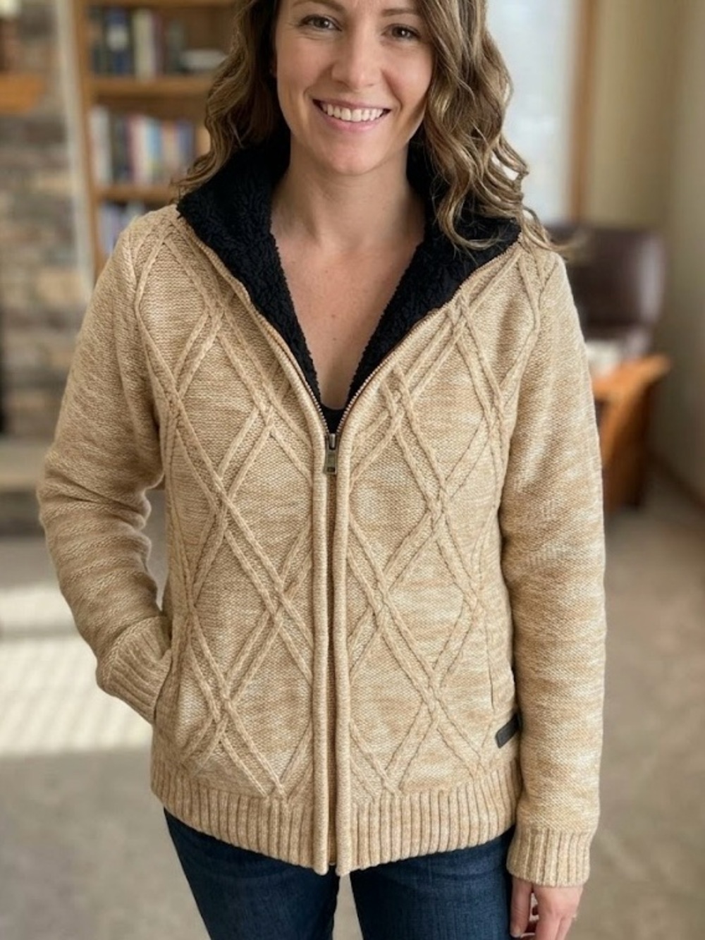 Rumors Original Sherpa Lined Cable Knit Zip Sweater Boho Cottagecore Cozy Fleece